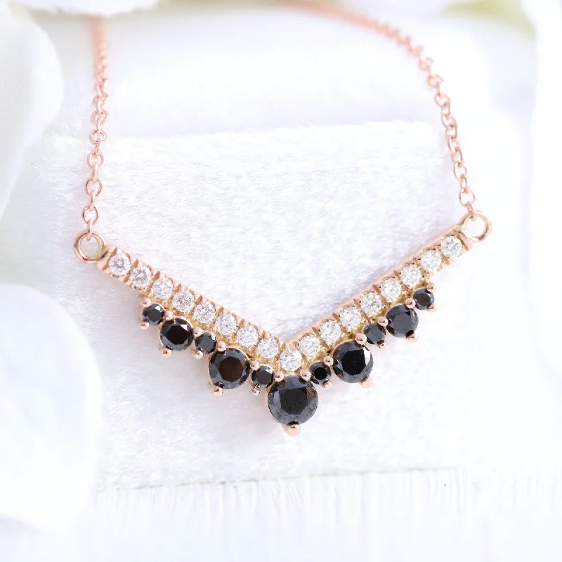 Women’s multi-layered necklaces-Black and White Diamond Necklace in 14k Gold Large Tiara Drop Pendant