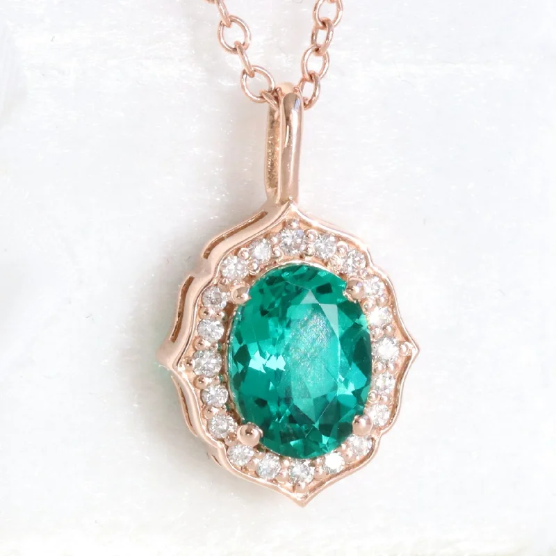 Women’s silver necklaces-Oval Emerald Diamond Necklace in 14k Gold Vintage Floral Halo Pendant