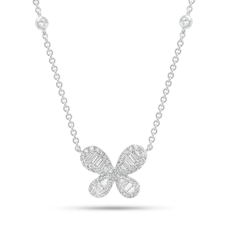 Women’s double chain necklaces-Diamond Butterfly Pendant on Cable Chain Necklace with Diamonds