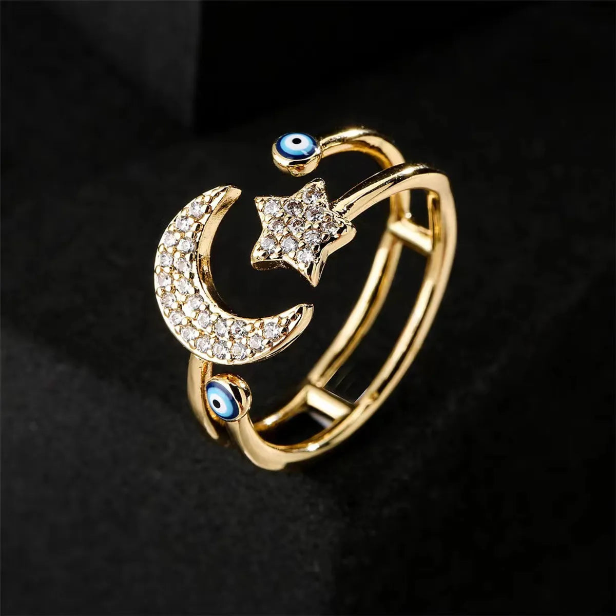 Women’s statement gold rings-Retro Cool Style Devil's Eye Star Moon Copper Plating Inlay Zircon Open Ring