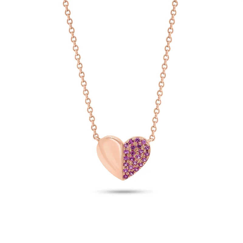 Women’s gold necklaces-Pink Sapphire Puffy Heart Pendant Necklace