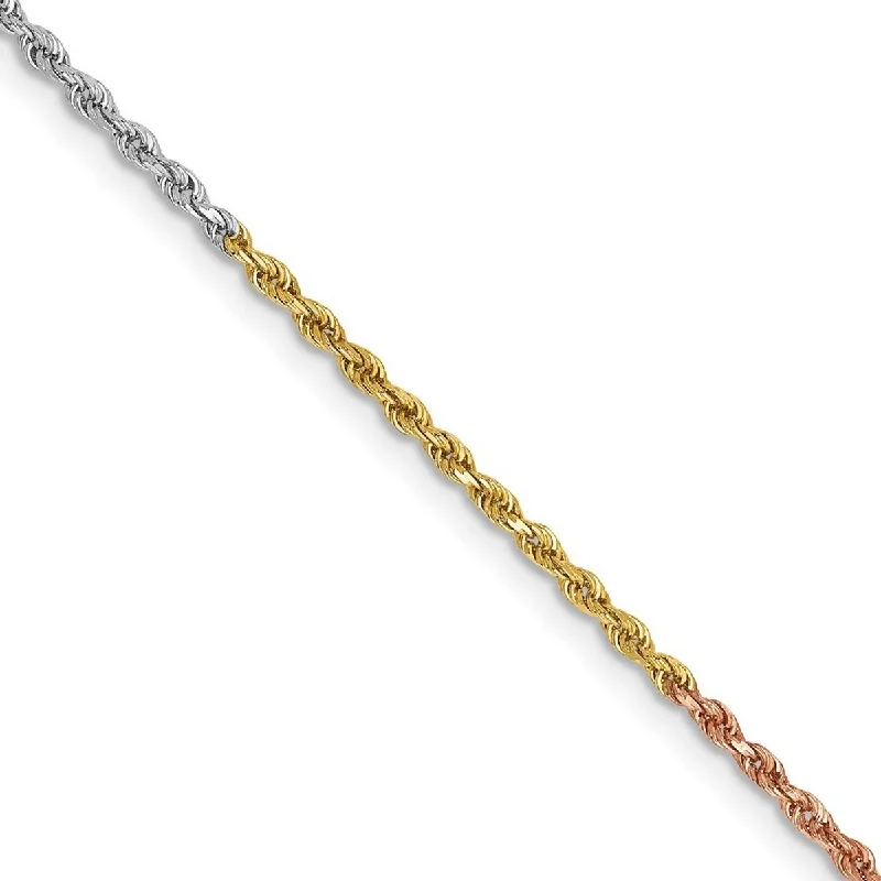 Women’s fashion bangle bracelets-Curata 14k Tri Color Solid Gold 1.5mm Sparkle Cut Rope Chain Bracelet Lobster Claw