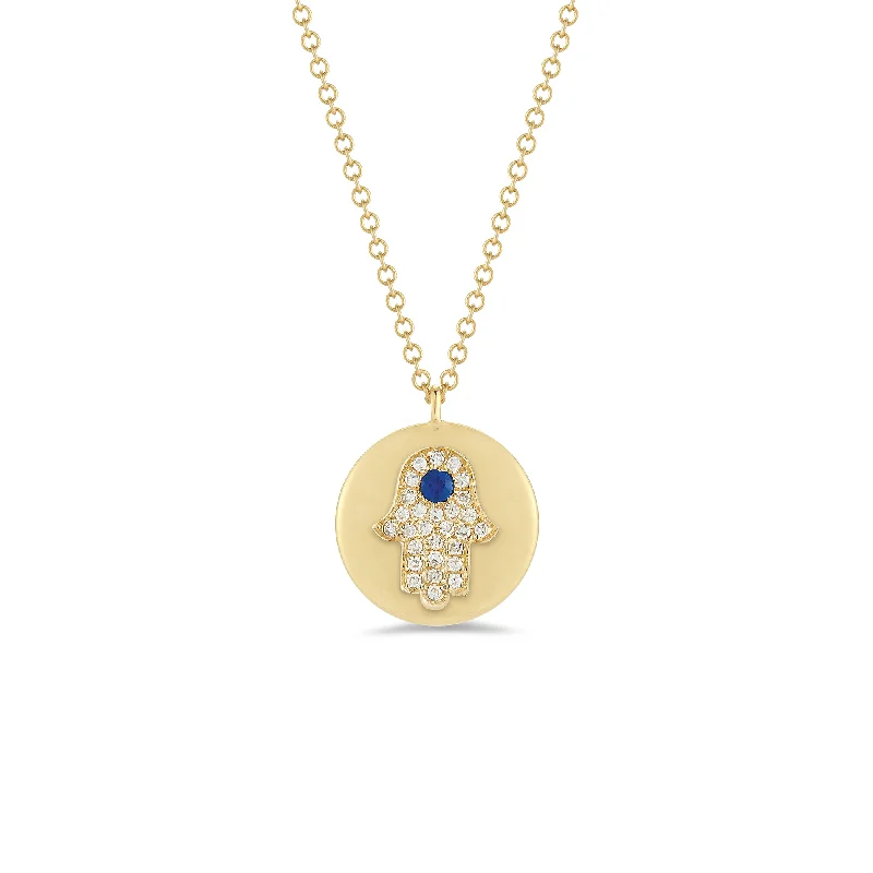 Women’s crystal pendant necklaces-Diamond & Sapphire Hamsa Disc Pendant Necklace