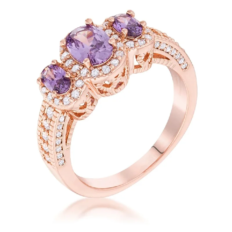 Women’s statement rings-Rose Gold Plated 3-Stone Amethyst Oval Cut CZ Halo Ring - Rose-Gold-Purple