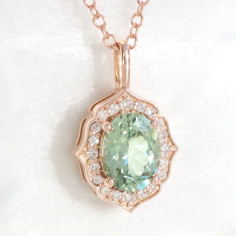 Women’s chic gold necklaces-Oval Green Sapphire Necklace in 14k Gold Vintage Floral Diamond Pendant