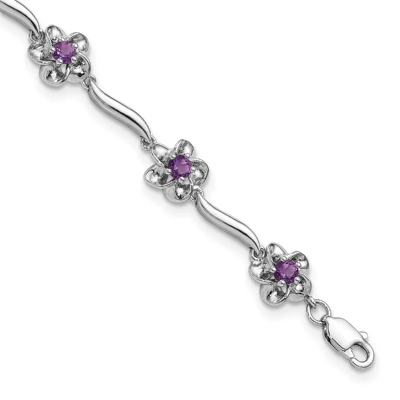 Women’s gold bracelets-Curata 7.85mm 925 Sterling Silver Rhodium Plated Floral Amethyst Bracelet