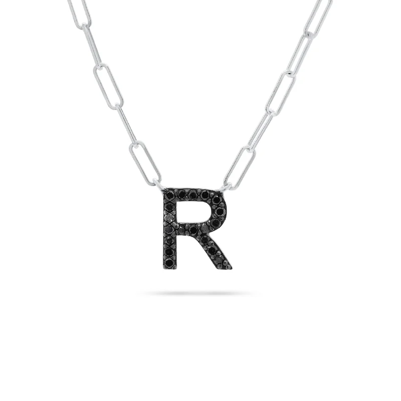 Women’s birthstone pendant necklaces-Black Diamond Initial Pendant on Paperclip Chain