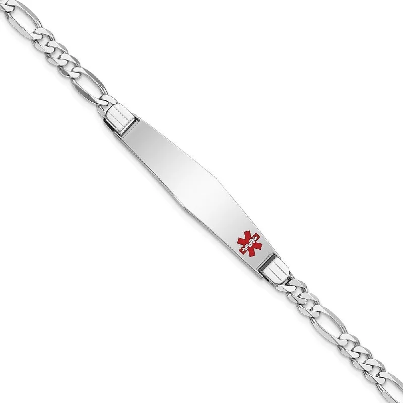 Women’s silver bracelets-14k White Gold 9mm Medical Soft Diamond Shape Red Enamel Figaro Link ID Bracelet, 7"