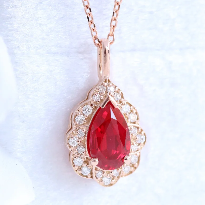 Women’s chunky necklaces-Pear Ruby Diamond Necklace in 14k Gold Vintage Floral Halo Pendant