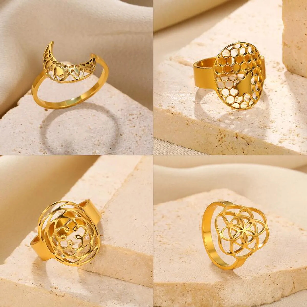 Women’s floral rings-Wholesale Exaggerated Rock Moon Stainless Steel Plating 18k Gold Plated Open Rings